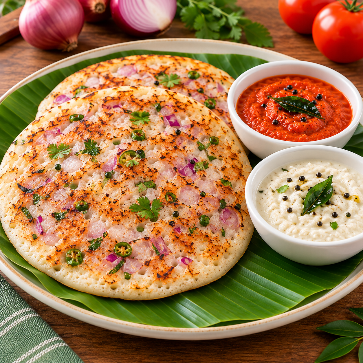 Onion Uttapam (2 qty ) + Tomato Chilli Chutney/ Sambhar + Coconut Chutney/Sambhar