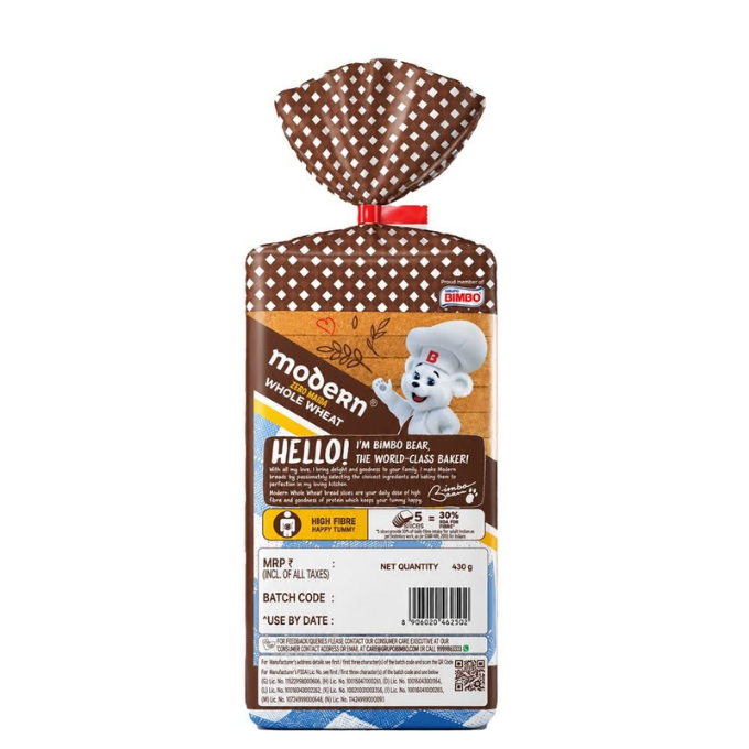 Modern Zero Maida Whole Wheat bread- high fibre, no palm oil, 400g – image 2
