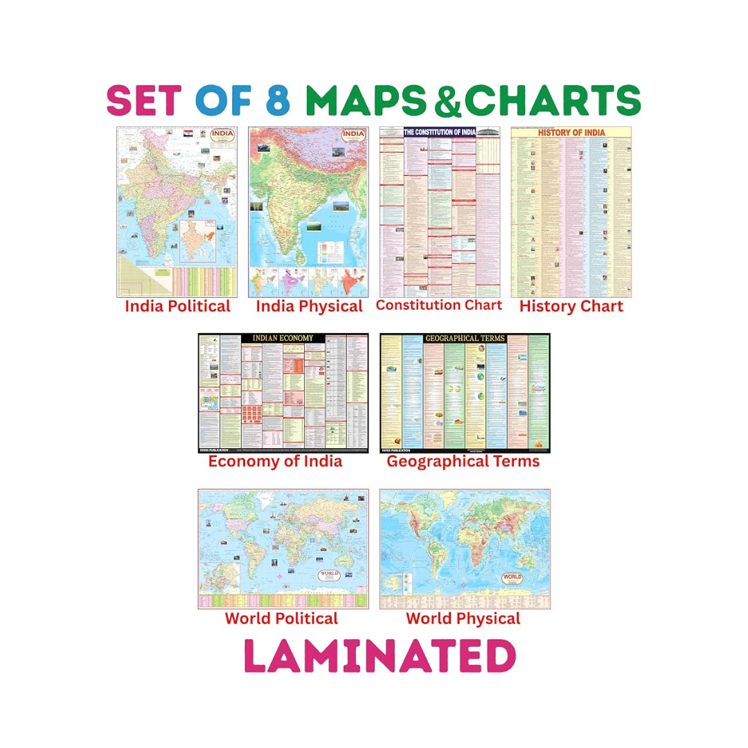 India and world maps (8 maps set) political & physical / Maps for competition exams / Maps on charts
